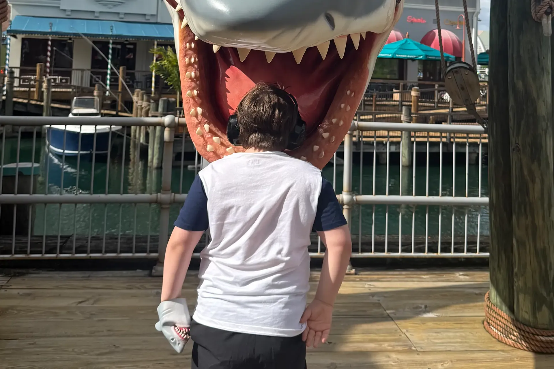 autistic child with shark puppet and noise canceling headphones looking at a large shark at an amusement park